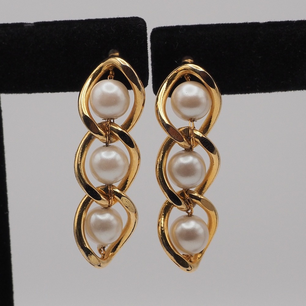 Caged Faux Pearl Dangle Earrings Pierced Gold Tone Drop Tiered Link